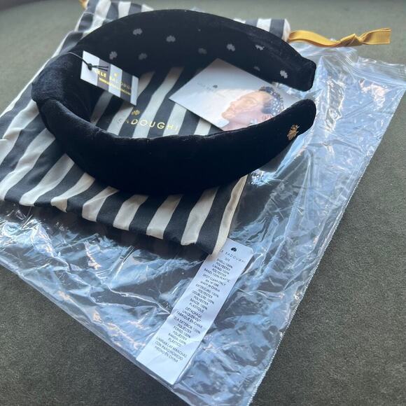 Lele Sadoughi Jet Black Velvet Knotted Headband Gold Logo NWT